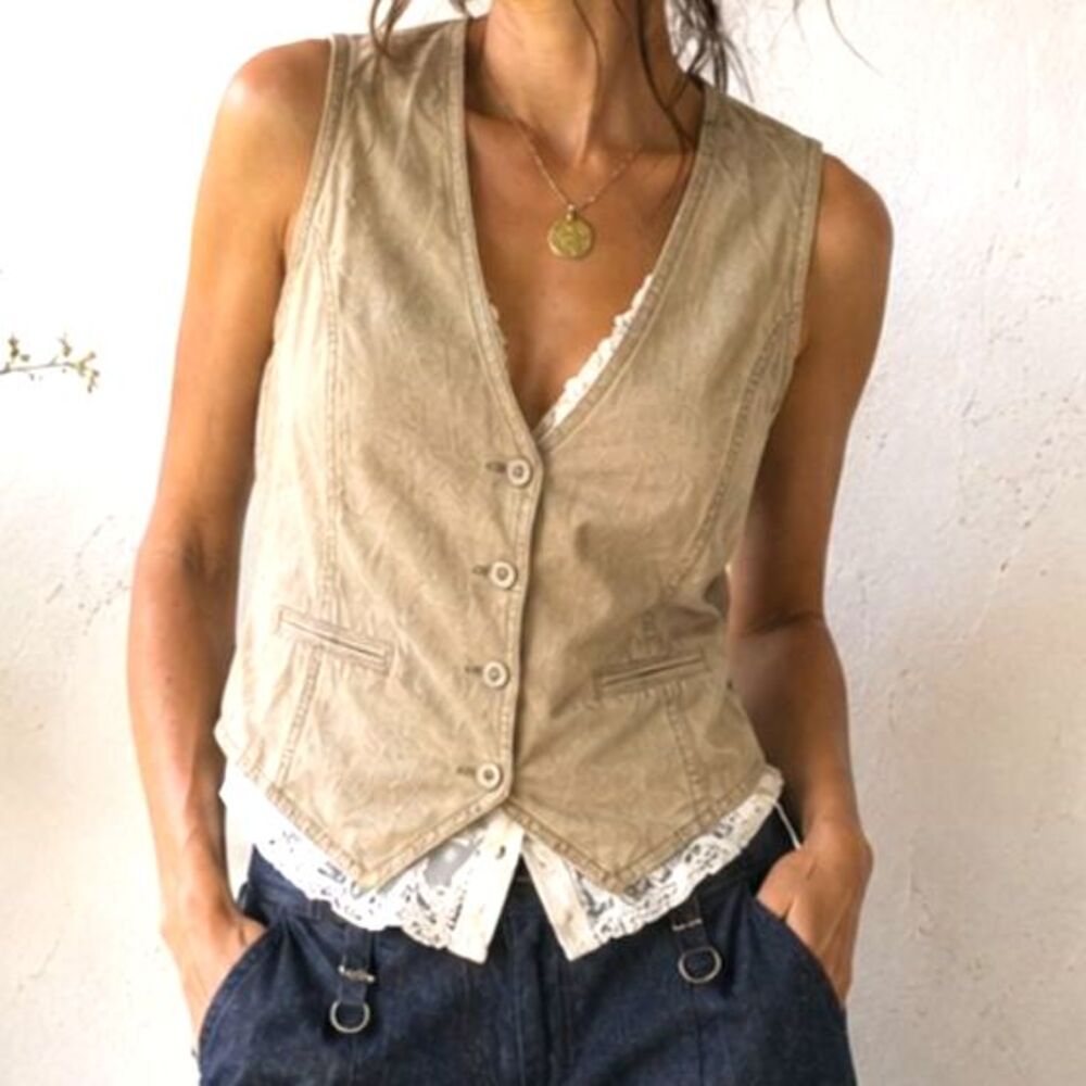 Linen Vest Tailored Waistcoat Smocked Back Coastal Boho lagenlook J Jill S